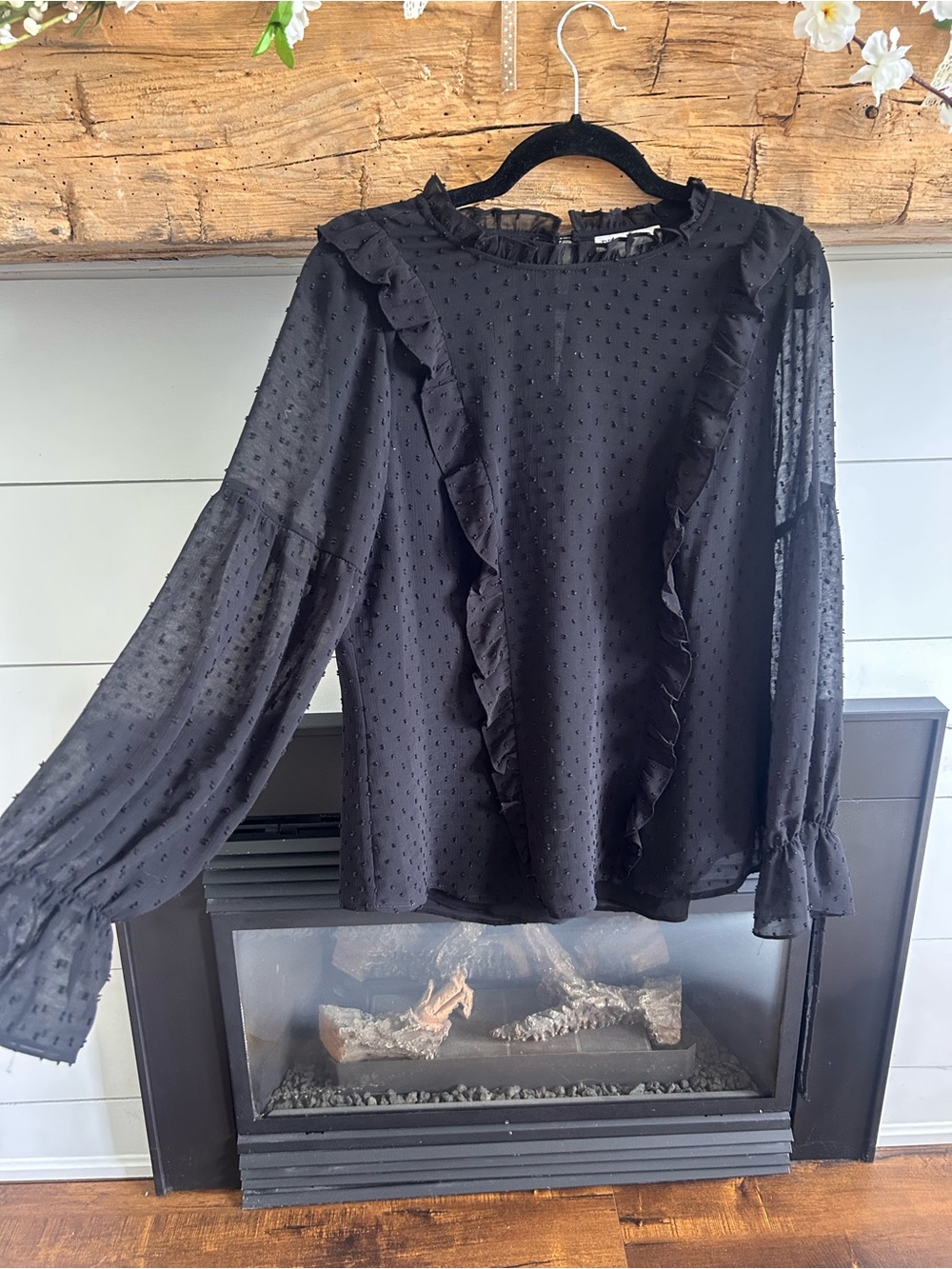 DR2 Black Ruffled Swiss Dot Blouse